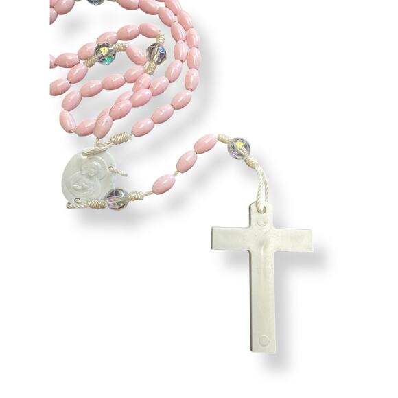 Pink Plastic Rosary Beads on White Cord - Pre-Loved - Picture 3 of 3